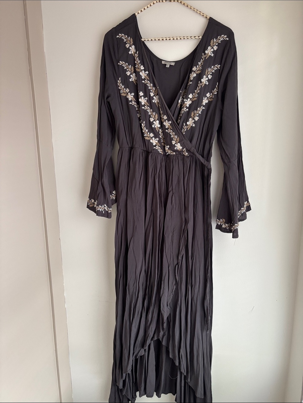 JODIFL Black High-Low Wrap Dress with Cream Floral Embroidery